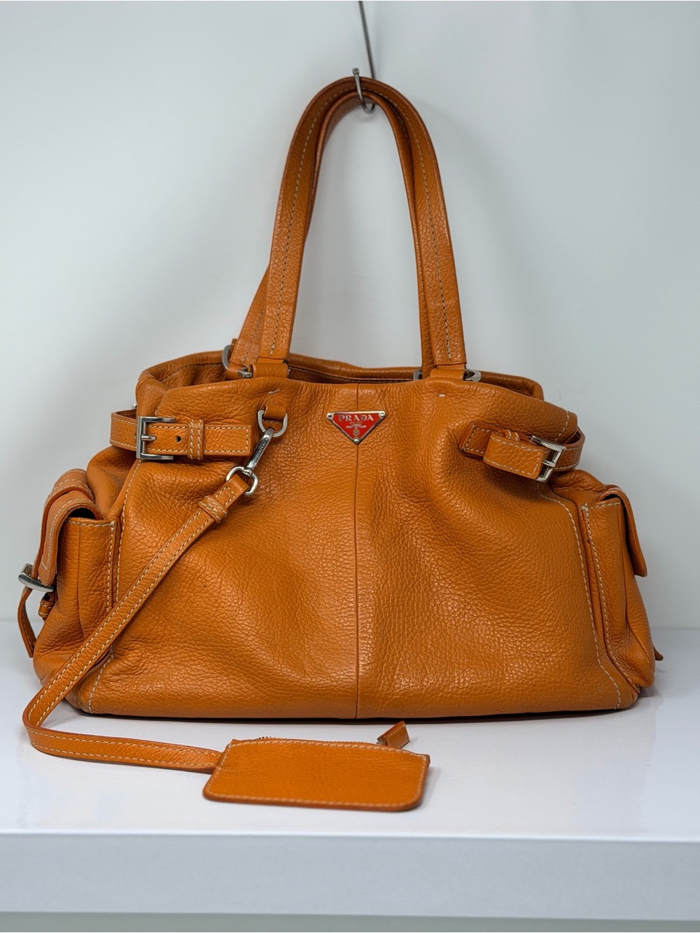 Prada Vitello Daino Life Side Pocket Orange Leather Large Tote